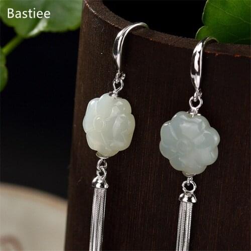 Bastiee Flower Jewelry For Women Silver 925 Jewelry Inlaid Jade Jewelry Dangle Earrings Korean Earrings Long Earrings