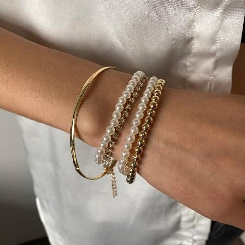 QiLuxy 5Pcs/Set Pearl Zircon Gold Color Beads Bracelets for Women Enwind Bracelets Fashion Punk Jewelry