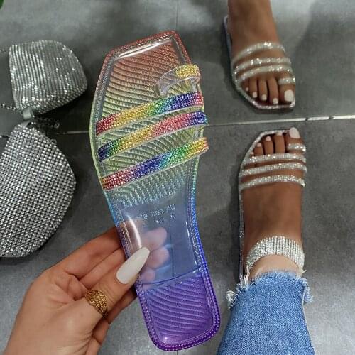 2021 Summer Womens Transparent Square Head Crystal Flip Flops Flat Heel Rhinestone Slippers Ladies Beach Shoes Large Size 36-42