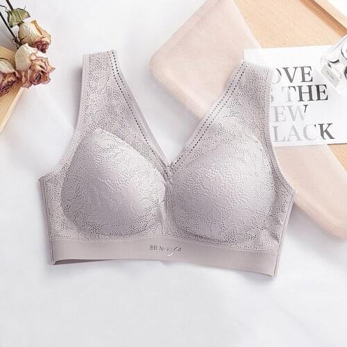 Wasteheart Women Fashion Gray Pink Wireless Sexy Bras Push Up Wireless Lace Bow Padded One-Piece Bras Bralette Women Underwear