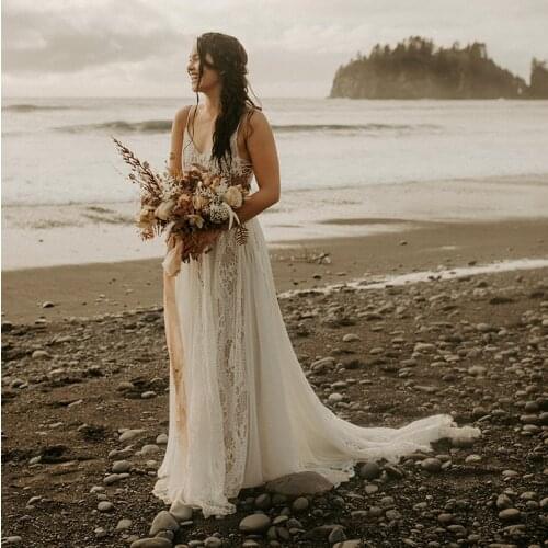 Rustic Spaghetti Boho Beach Wedding Dress 2021 Lace Chiffon Long Bridal Gowns Sexy Backless V Neck Bohemian Vestidos De Novia