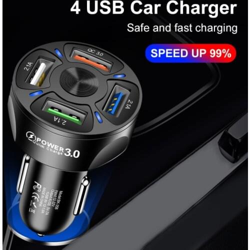 3A QC3.0 4 USB Car Charger PC Retardant Material Stable Current Output LED Light One Car Charger Universal Mobile Phone Adapter