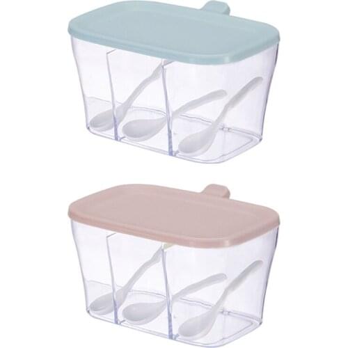 3 Grids Spice Jars Seasoning Box with Spoon Condiment Jar Kitchen Storage Herb Sugar Salt Container Cooking Supplies