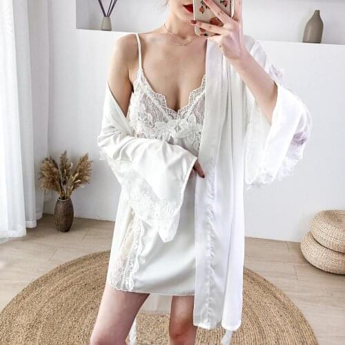 White Bride Wedding 2 pcs Robe Gown Sets Womens Nighty Bathrobe Sexy Lace Flower Nightgown Home Wear Summer Strap Nightdress