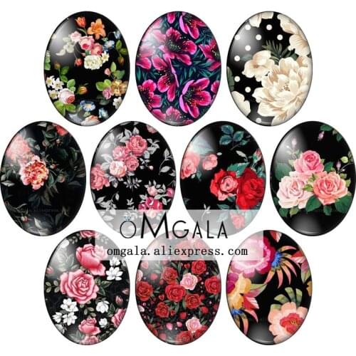 Black Background Red Rose Flowers 10pcs 13x18mm/18x25mm/30x40mm Oval photo glass cabochon demo flat back Making findings