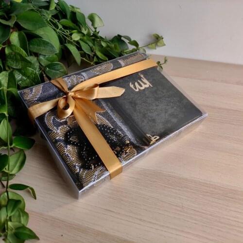 Black Blue Prayer rug set muslim prayer carpet portable simply print in the pouch with compass travel mat Yasin Sharif rosary