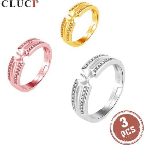 CLUCI 3pcs Silver 925 Zircon Women Rings Jewelry Pearl Ring Mounting 925 Sterling Silver Adjustable Rings for Women SR2174SB