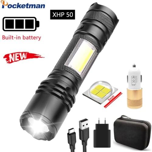 30000Lumen XHP50 Flashlight with Built-in Battery COB LED Flashlight Waterproof Torch Lantern with Pen Clip Zoomable Flashlight