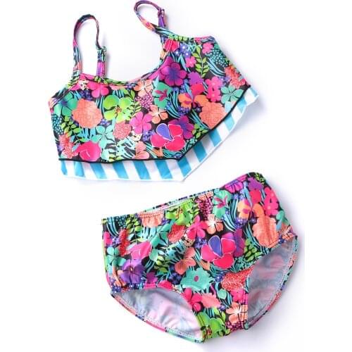 Summer Two-Piece Girls Bathing Suit Kid Girls Flora Pattern Halter Bikini Set Child Stripe Swimsuit Infantil Biquini Beachwear