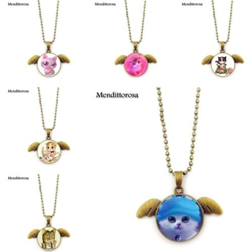 Mendittorosa Cute Pink Cat New Arrival Necklace Glass Cabochon Bronze Angel Wings Pendant Necklaces For Women