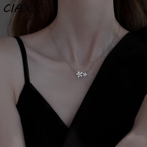 CIAXY 925 Sterling Silver Inlaid Zircon Double Flower Necklaces for Women Girlfriend Clavicle Chain Choker Simple Jewelry