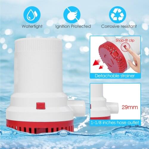 2000 GPH High Capacity Bilge Pump 12V / 24V DC Submersible Water Pump Yacht RV Boat Marine Pump with 1-1/8 Inches Outlet (29mm)