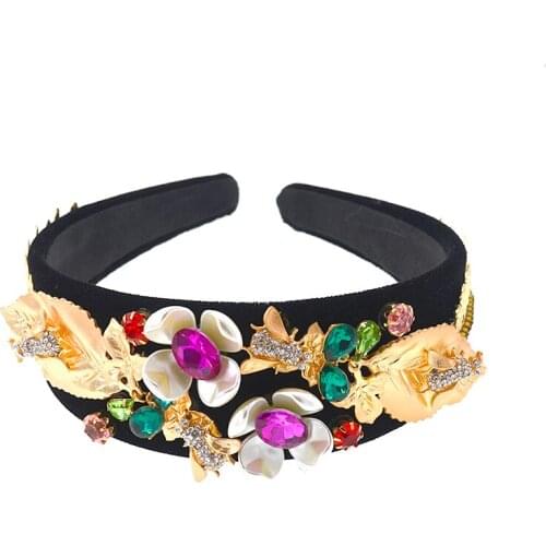 Black wide retro wedding crystals flower wedding vintage baroque hair band women headband luxury hair accessories