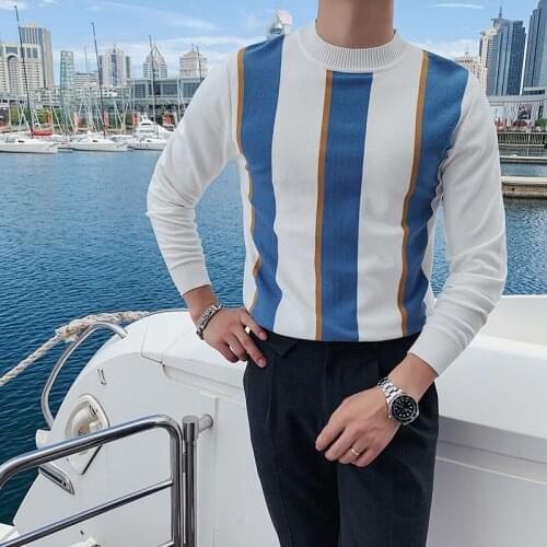 British Style Contrast Color Pullover Knitted Heren Sweater Mens Turtleneck Long-Sleeved Casual Pull Homme Top Clothes