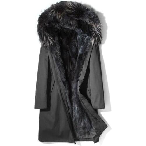 Trench Coat Men Real Raccoon fur Liner Raccoon Fur Collar Long Coat Gothic Jackets Winter Warm New Fashion Men Clothing