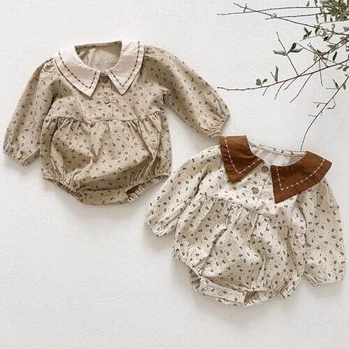 Spring Baby Girls Clothes Infant Corduroy Bodysuit Long Sleeve Doll Collar Korean Floral Baby Jumpsuit