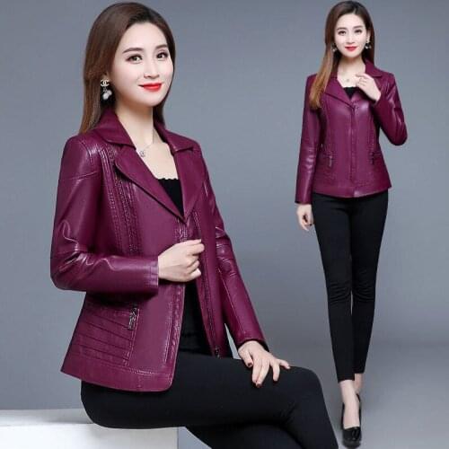 High Quality 2021 Spring Autumn Middle-aged Women Zipper Up PU Faux Leather Loose Turndown Collar Fashion Short Jacket Y496