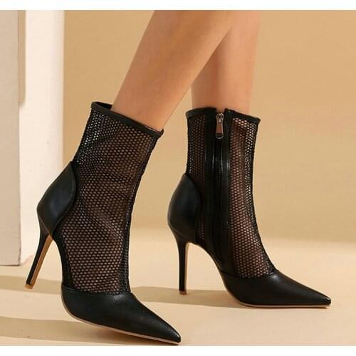 2021 Summer Women Ankle Boots PU Leather Mesh Women Thin High Heel Boots Fashion Pointed Toe Zipper Ladies Short Boots Big Size