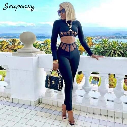 High Quality 2021 Summer WomenS Bodycon Bandage 2 Two-Piece Set Sexy Patchwork Short Top + High Waist Pencil Pants Party Set