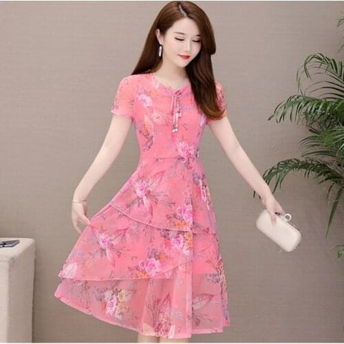 Womens summer dress 2021 fashion Gauze printing chiffon elegant dress short sleeve large swing loose plus size dress