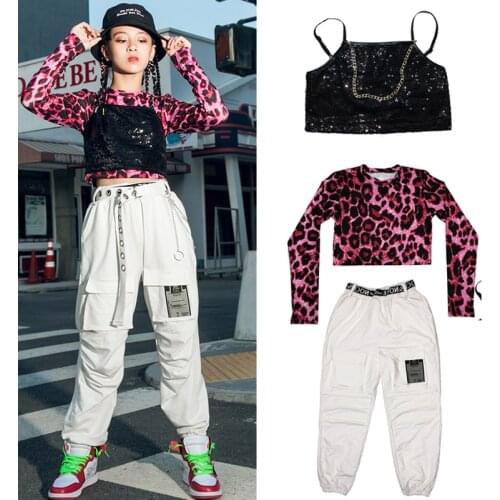 2021 New Girls' Hip-Hop Costumes Leopard Top Loose Pants Jazz Performance Clothes Kids Modern Dance Hiphop Rave Clothes DN6782