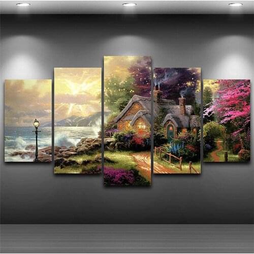 5 Panel Diamond Painting by Number Seashore Cottage Full Square Drill Cross Stitch Mosaic Crystal Diamond Embroidery Scenery Hut
