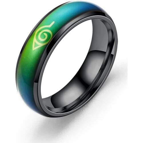 6mm New Naruto Ring Leaf Konoha Village Symbal Logo Sign Sasuke Ninja Black FashionThermochromic Stainless Steel Ring
