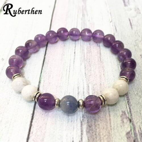 Ruberthen 8 mm A Grade Moon Stone Bracelet Natural Purple Crystal Energy Bracelet Practice Meditation Bracelet for Women