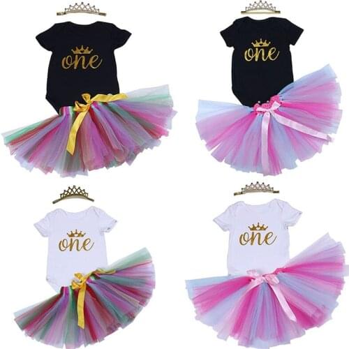 Baby Girls' 1st Crown Birthday Dress Outfits Infant Black Rainbow Romper+Skirt+Headband 1 Year Dresses Costume for Toddler Girl