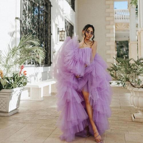 Violet Elegant Sexy Off-the-shoulder Women Dresses Tulle Ruffles Strapless Hi-Lo Split Ball Gown Custom Made