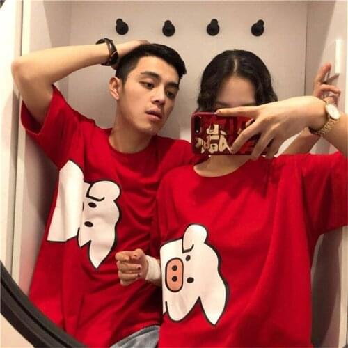 Harajuku Girls Boys Tshirt Streetwear Women Summer Femme Red Black Pigs Tee Kawaii Summer Couple Fashion Tops