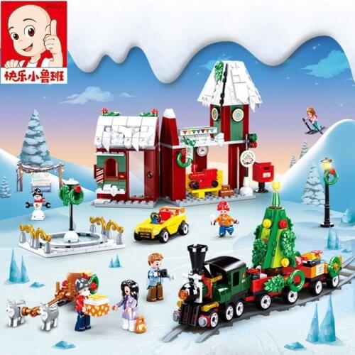 SLuban B0887 New Year Snow Little Train Christmas house Childrens Puzzle Building Block Toy for kids Christmas Gift For girls