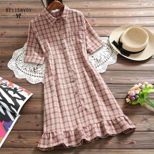 Japanese Preppy Style Summer Women Shirt Dress Vintage Plaid Buttons Pocket Casual Mini Dress Elegant Ruffles Girls Short Dress