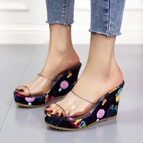 Summer Women Wedge Slippers Platform Flip Flops clear pvc Transparent slippers printing Outdoor Beach Sandals Ladies Slides