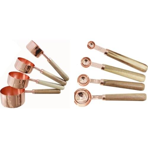 Measuring Cups Spoons Set Wood Handle Stainless Steel Metal Measuring Scoop Baking Kit 4Pcs A & 4Pcs B