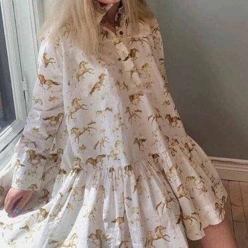 Ladies Summer Loose Print Ruffles Turtleneck Mini Dress Women French Sweet Holiday Dress Female High Version Casual Dresses M231