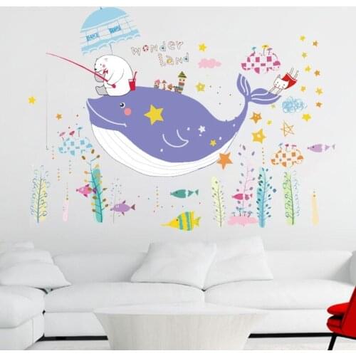 Cartoon Polar Bear Whale Sealifes Fishes Wall Stickers For Kids Room Bathroom Baseboard Decoration Animal Mural Art Home Decals