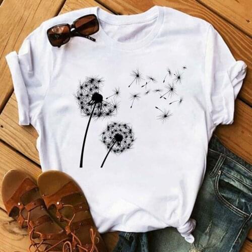 New Cute Dandelion Printed Women T Shirt Cartoon Graphic Printed White Ladies T-shirt Casual Woman Shirt Funny Tees Shir