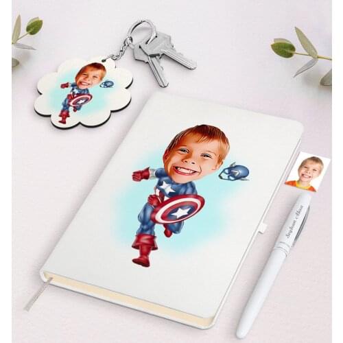Personalized Male Child Captain America Caricature Of White Notebook pen And Keychain Gift Set Reliable Quality gift