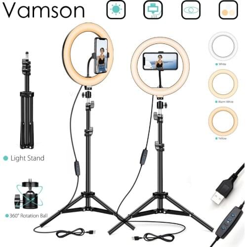 Vamson 10inch Selfie Ring Light 26cm Dimmable Camera Phone Ring Lamp With Stand Tripods for Makeup Video Live Studio VLS06C