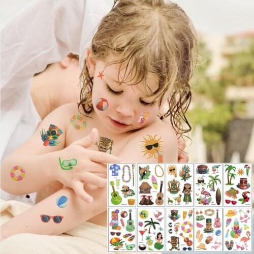 10Pcs Kids Tattoo Sticker Hawaiian Pineapple Flamingo Animal Temporary Tattoo For Aloha Summer Beach Wedding Party Funny Tattoo