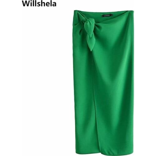 Willshela Women Fashion Skirt with Knot High-waist slit Elegant Chic Lady Vintage Wrapped Style Midi Long skirts Woman jupe