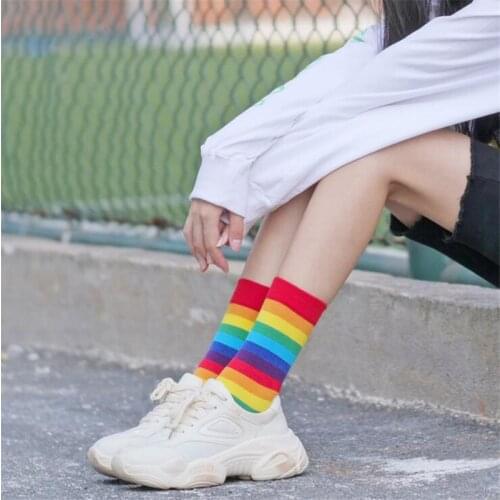 2020 Cotton Elasticity Sweat Womens High Socks Candy Color Rainbow Socks Striped Sporty Meias Casual Streetwear Harajuku Socks