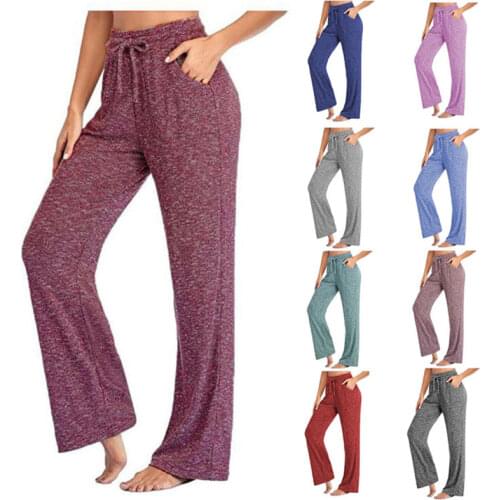 Womens Yoga Pants Comfortable Loose Long Broad Legs Sports Trousers Casual Leggings Sportswear Drawstring Elastic Middle Waist