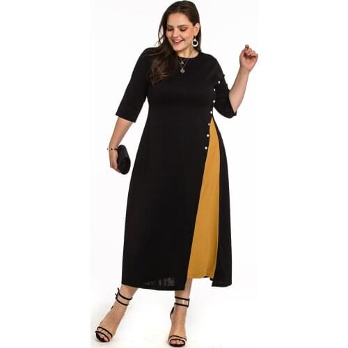 Contrast Color Elegant Dress Women 2020 Fashion Summer Half Sleeve Casual Dress Plus Size Black Maxi Long Dresses