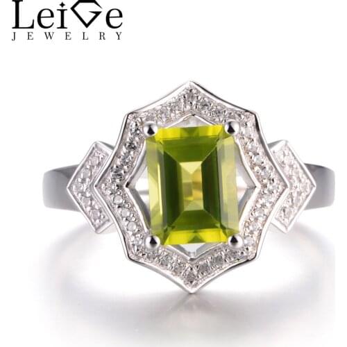LeiGe Jewelry Anniversary Rings Natural Peridot Rings August Birthstone Emerald Cut Green Gems Ring Real 925 Sterling Silver
