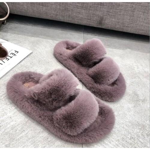 Winter Women House Fuzzy Slippers Fashion Faux Fur Warm Shoes Women Slip on Flats Female Home Slides Black Plush Slippers Fluffy