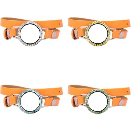 5pcs/lot 25mm Different color crystals Glass Locket 37CM Orange Double Wrap PU Leather Bracelet Wristband With 50pcs Charm