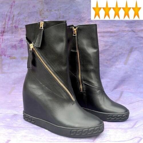 Hidden Brand Designer Women Winter Heels Zipper Wedges Genuine Leather Shoes Height Increasing High Top Ankle Boots
