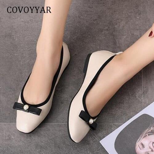 COVOYYAR 2019 Bow Women Flats Spring Autumn Soft Square Toe Casual Shoes Elegant Pearl Lady Loafers Plus Size WFS1046
